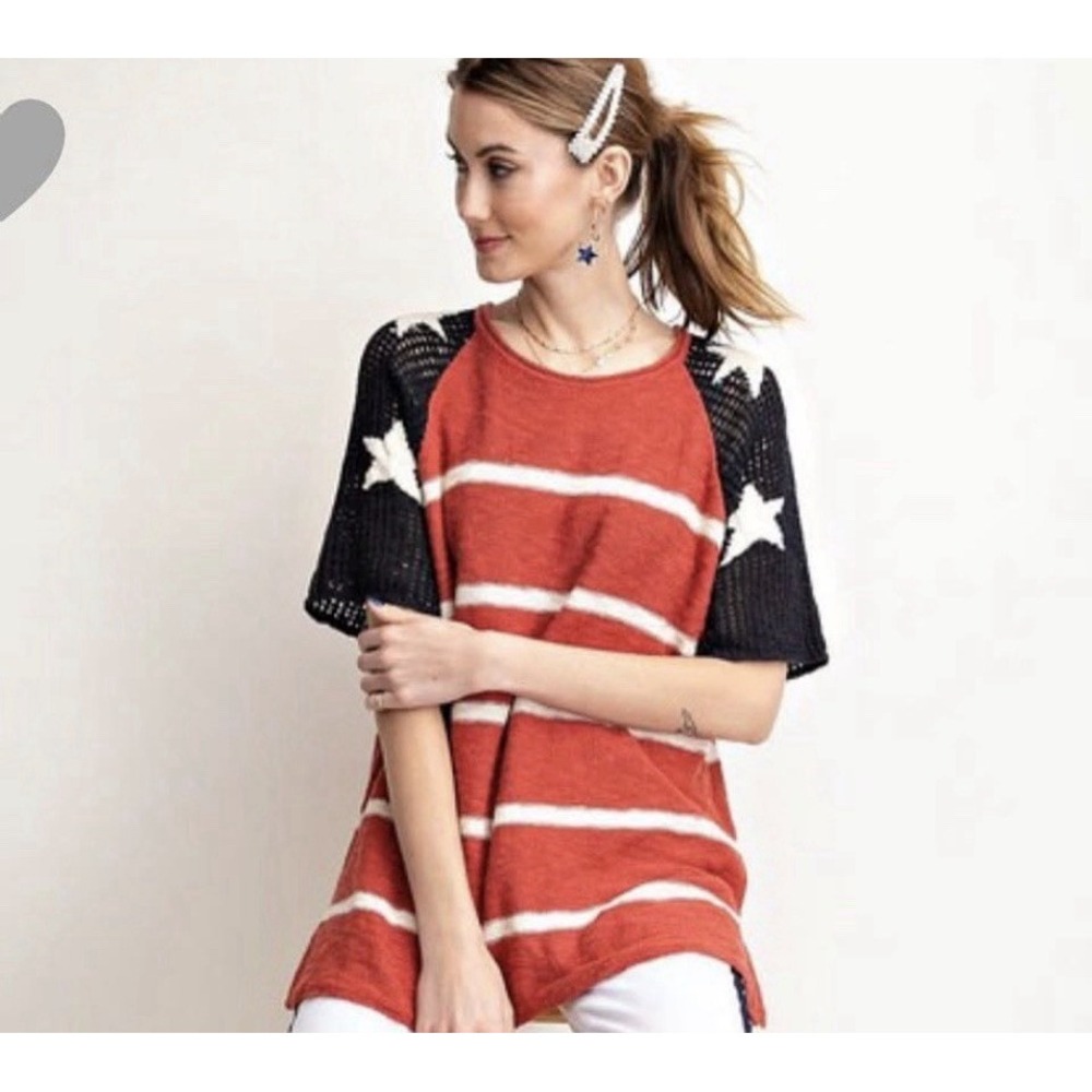 Easel Brown Striped‎ Tunic Sweater Stars Embroidered Crochet Knit Sleeves L Boho